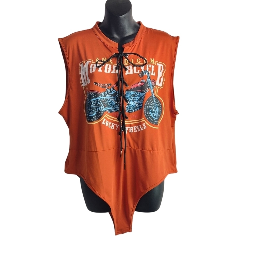 Shein Bodysuit Women's Orange Sleeveless Lace Up Motorcycle Bodysuit Sz 4XL